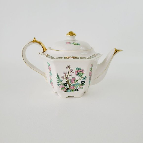 Vintage Sadler Indian Tree Teapot Hexagonal Shape Pink Oriental Floral Gold Trim - Picture 13 of 13